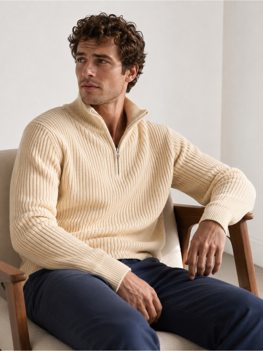 Quince Men's Organic Cotton Fisherman Quarter Zip Sweater in Alabaster Medium